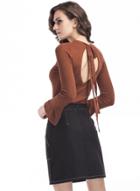 Oasap Solid Backless Flare Sleeve Slim Fit Knit Sweater