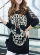 Oasap 3/4 Sleeve Mesh Panel Halloween Skull Loose Tee