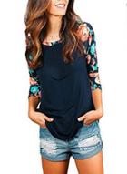 Oasap Fashion Round Neck 3/4 Sleeve Floral Print Top