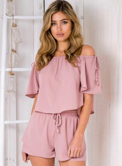 Oasap Fashion 2 Piece Off Shoulder Top Shorts Set