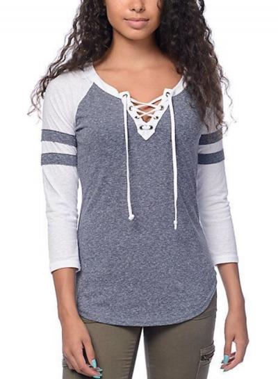 Oasap V Neck Three Quarter Length Sleeve Color Splicing Tee Shirt