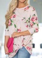 Oasap Round Neck Long Sleeve Floral Print Knot Tee Shirt