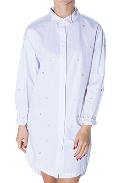Oasap Women's Turn Down Collar Pearl High Low Button Down Shirt Dress