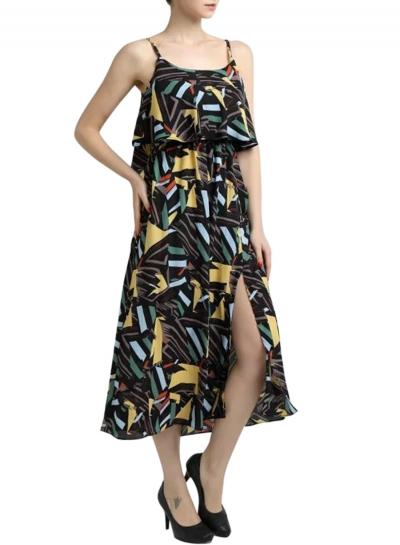 Oasap Women Sleeveless Spaghetti Strap Crossover Back Geo Print Midi Dress