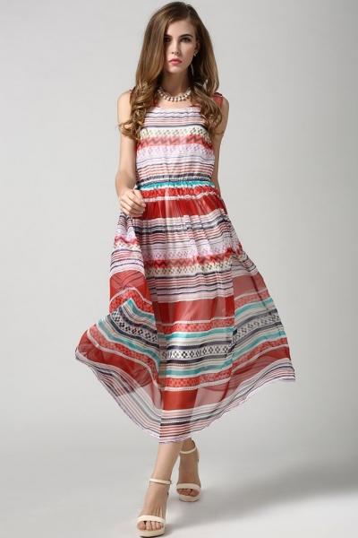 Oasap Rainbow Stripe Print Chiffon Midi Swing Dress