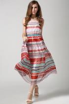 Oasap Rainbow Stripe Print Chiffon Midi Swing Dress