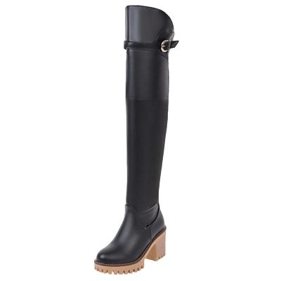 Oasap Solid Color Buckle Strap Round Toe Platform Over-the-knee Boots