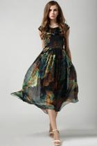 Oasap Artisitic Floral Print Chiffon Midi Swing Dress