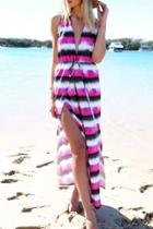 Oasap Dip Dye Striped Plunging Slits Beach Dress