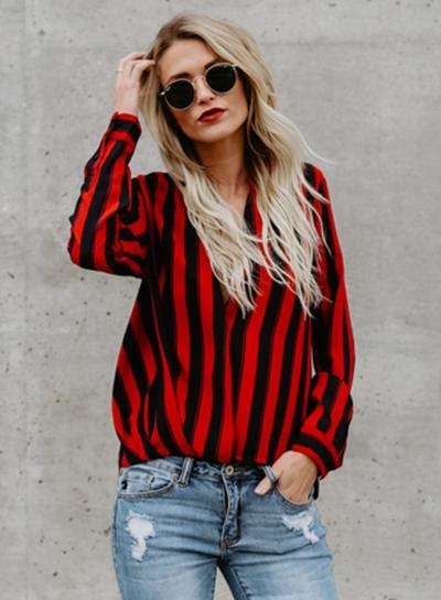 Oasap Long Sleeve Deep V Neck Striped Blouse