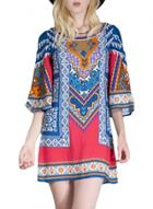 Oasap Women's Casual 3/4 Flare Sleeve Print Mini Shift Dress