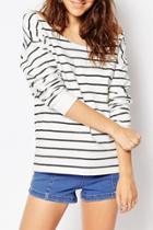 Oasap Black And White Stripe Off-the-shoulder Knit Tee