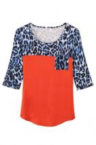 Oasap Color Block Leopard Print Round Neck Knit Tee