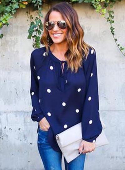 Oasap Polka Dot V Neck Long Sleeve Chiffon Blouse