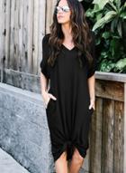 Oasap Casual Loose Solid Half Sleeve V Neck Dress With Pockets