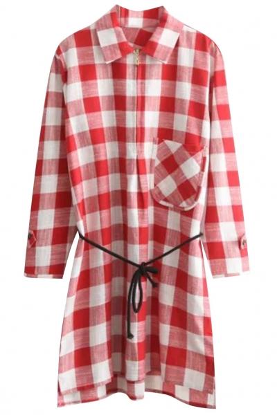Oasap Chic Plaid Print Zip Front Blouse