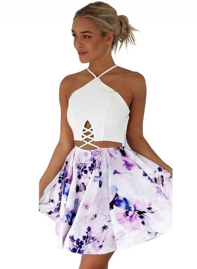 Oasap Cross Strap Backless Floral Printed Mini Dress