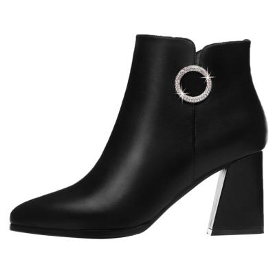 Oasap Pointed Toe Block Heels Round Rhinestone Ankle Boots