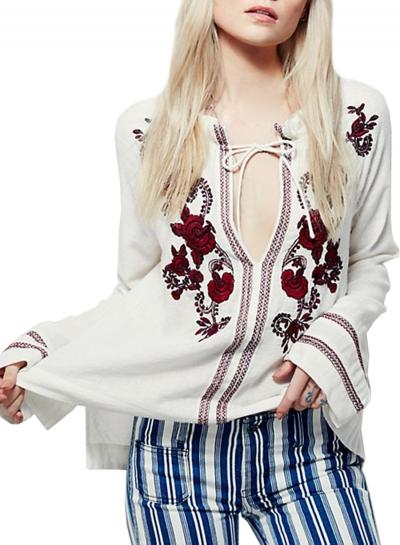 Oasap Women's Casual Spring Long Sleeve Floral Embroidery Blouse