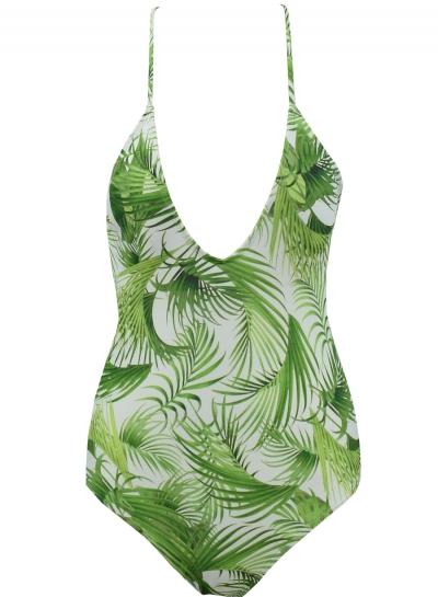Oasap Women's One Piece Deep V Neck Tropical Palm Leaves Print Swimwear