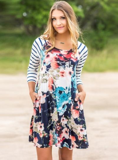 Oasap Round Neck Striped Sleeve Floral Print Dress