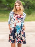 Oasap Round Neck Striped Sleeve Floral Print Dress