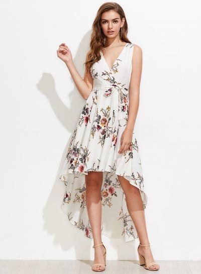 Oasap V Neck Sleeveless Floral Print High Low Dress