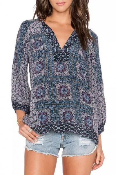 Oasap Retro National Wind Print V Neck Chiffon Blouse