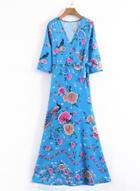 Oasap V Neck Half Sleeve Floral Printed Maxi Dress
