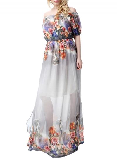 Oasap Women's Floral Print Off Shoulder Elastic Waist Chiffon Dress