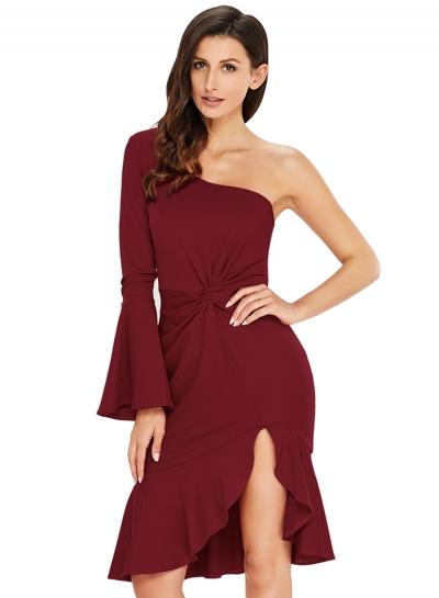 Oasap Twist Ruffle Accent One Shoulder Prom Dress
