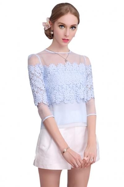 Oasap Fashion Paneled Solid Light Blue Lace Blouse