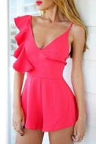 Oasap Watermelon Red Open Back Ruffled Rompers