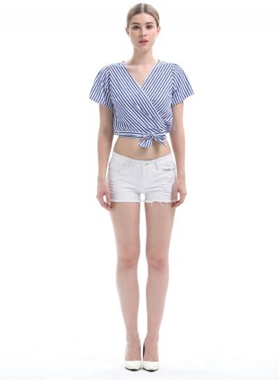 Oasap V Neck Short Sleeve Striped Blouse