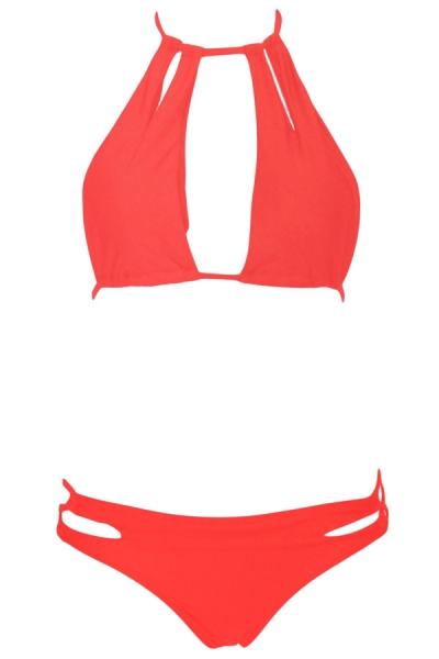 Oasap Rosy Sexy Cool Cut Outs Halter Bikini Set With Strings
