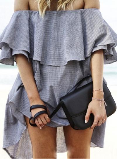 Oasap Plaid Off Shoulder Ruffle Short Sleeve High Low Dress