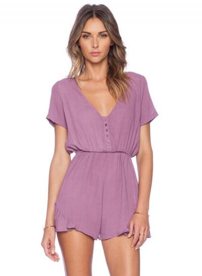 Oasap Solid V Neck Short Sleeve Elastic Waist Romper