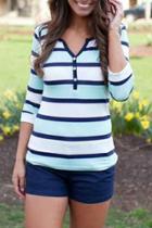 Oasap Color Block Stripe Button Front Cut-out Neck Tee