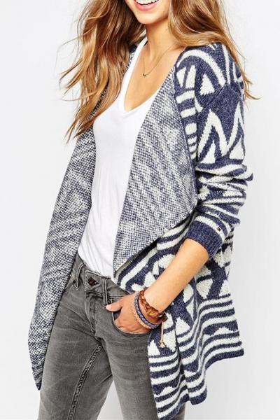 Oasap Classic Geo Pattern Longline Collar Sweater Coat