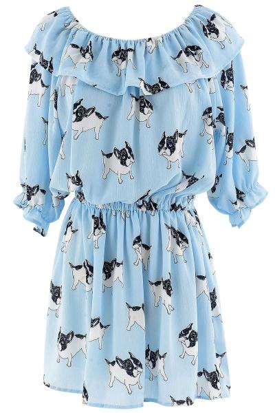 Oasap Cute Dog Print Off Shoulder Mini Dress