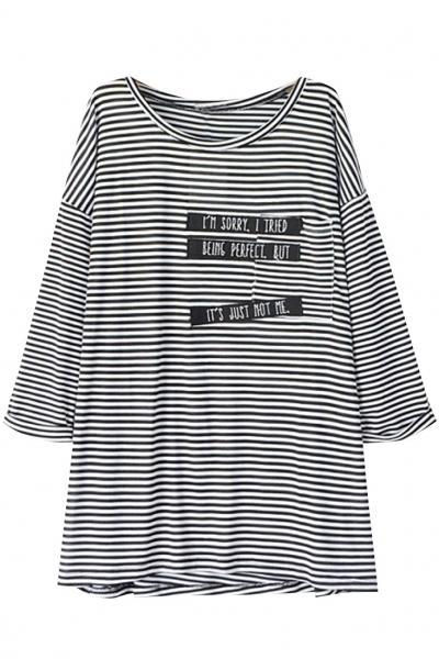Oasap Embroidery Pattern Striped Loose Fit Tee