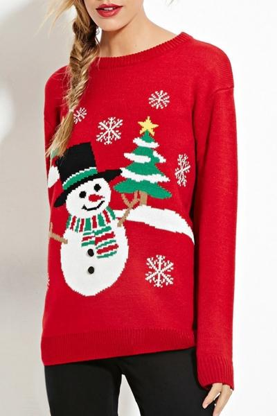 Oasap Preppy Style Snowman Snowflake Pattern Round Neck Sweater