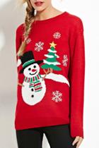 Oasap Preppy Style Snowman Snowflake Pattern Round Neck Sweater