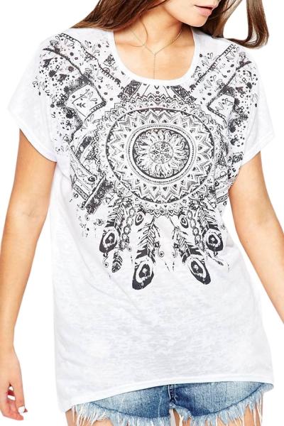 Oasap Women Tribal Print Round Neck Knit Casual Tee