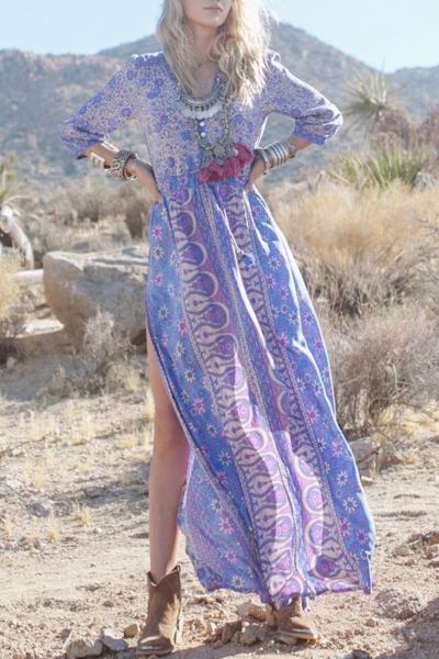 Oasap Chic Printing High Slit Elastic Waist Dress