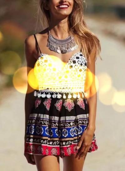 Oasap Spaghetti Strap Lace Tassel Romper