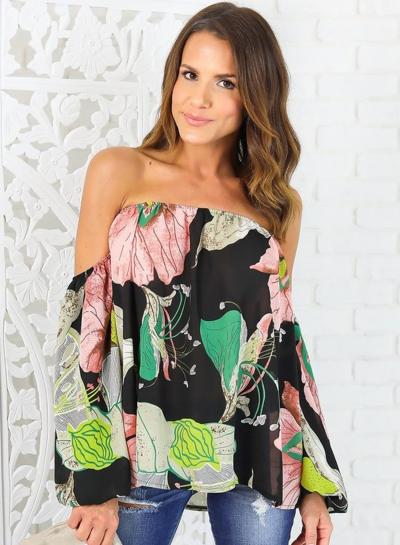 Oasap Off Shoulder Long Sleeve Floral Printed Loose Blouse