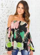 Oasap Off Shoulder Long Sleeve Floral Printed Loose Blouse