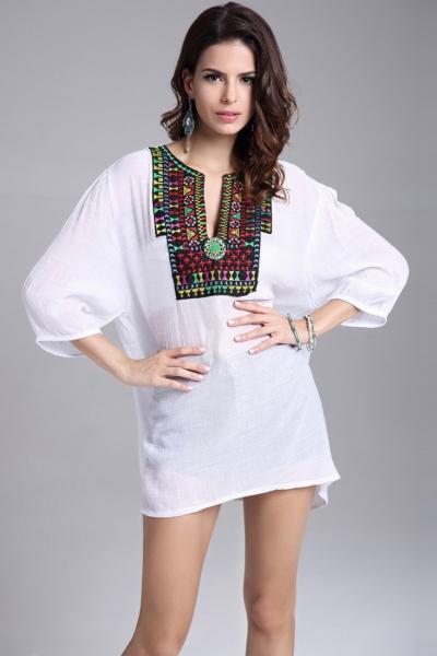 Oasap Vintage Geo Embroidery Slit Neck Blouse