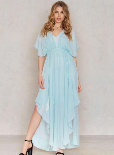 Oasap Boho Solid V Neck Short Sleeve Irregular Maxi Dress